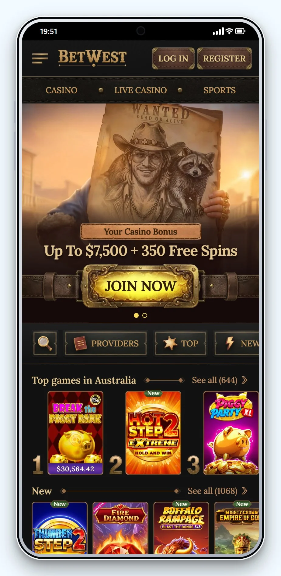 curacao licensed casinos: BetWest mobile lobby