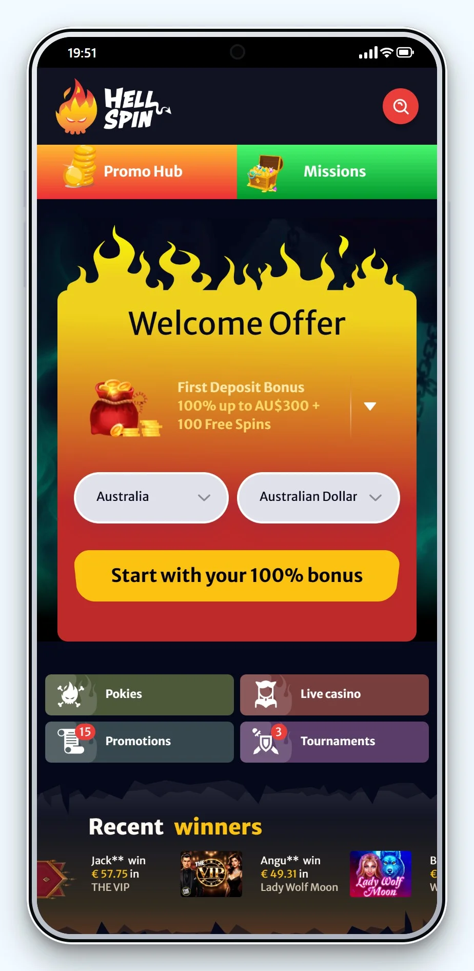 online casino curacao: HellSpin mobile lobby