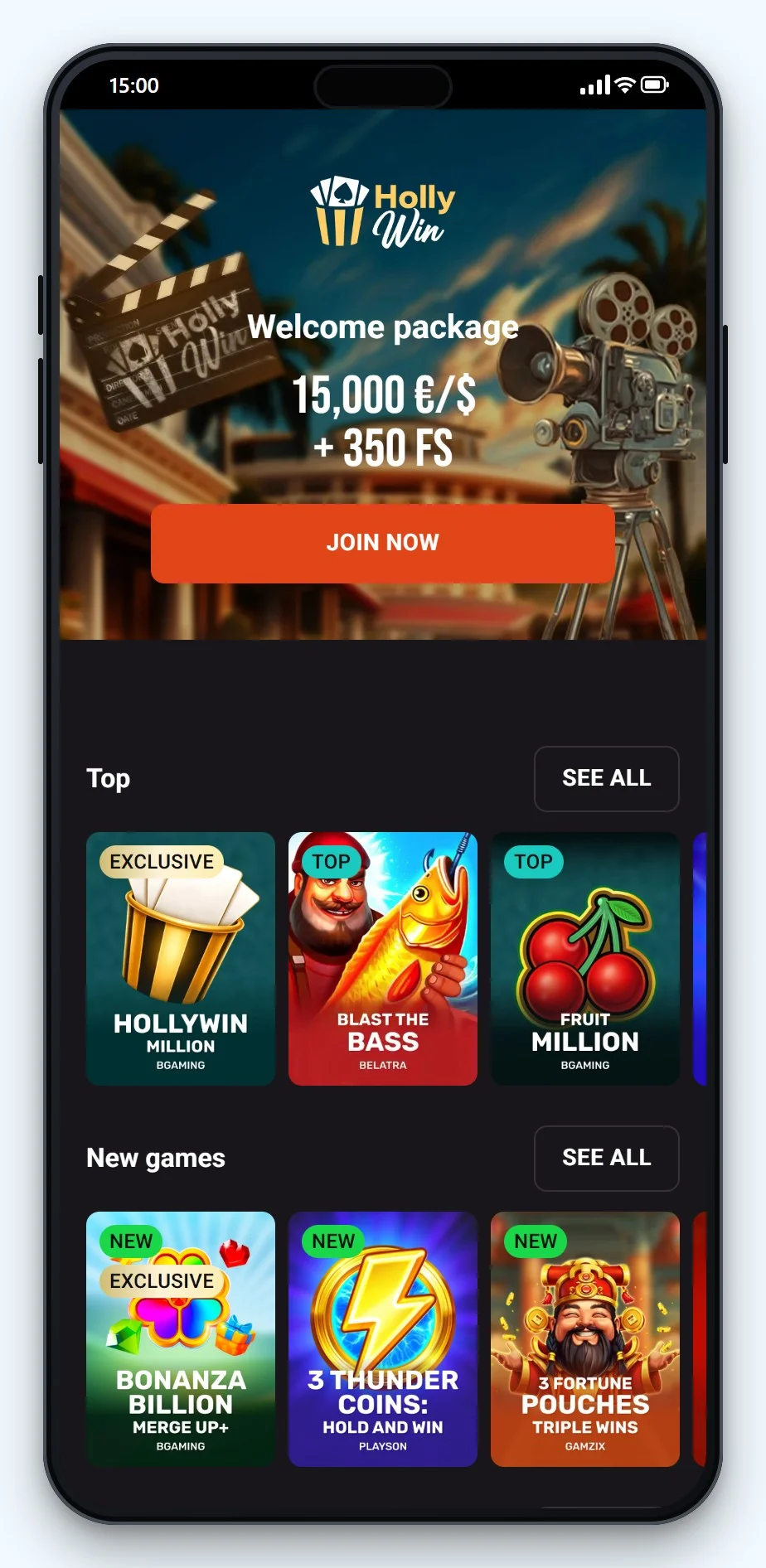 casino en ligne curacao : Hollywin, lobby mobile