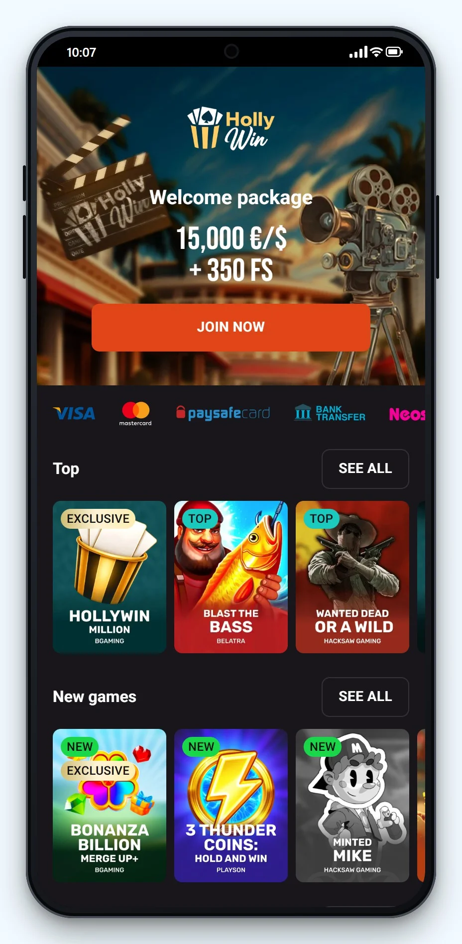 curacao casinos: Hollywin on a phone, game lobby