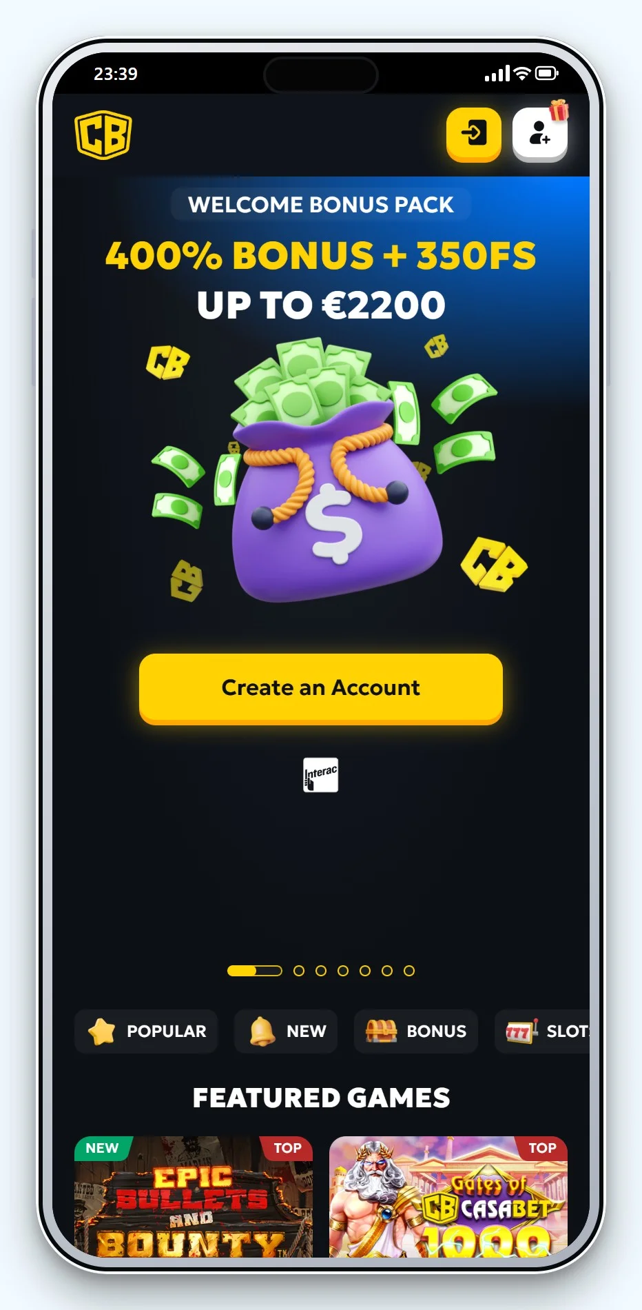 casino med curacao: Casabet på mobil, lobbyen