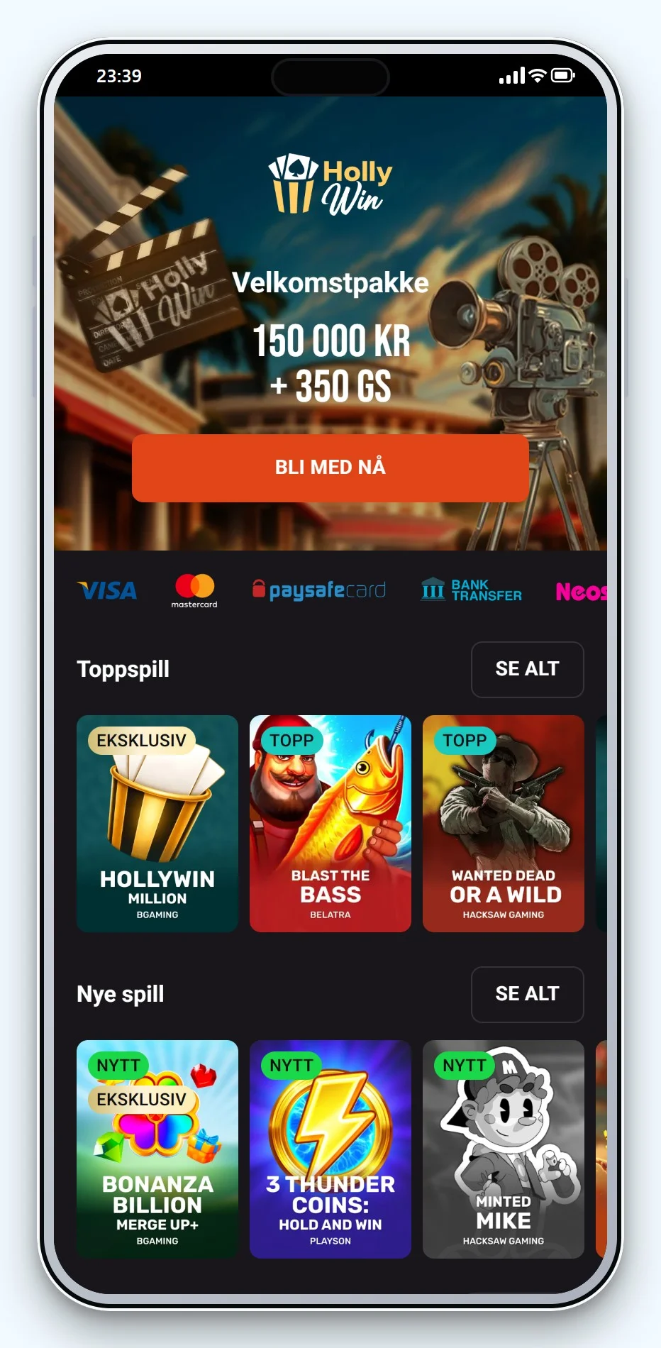 curacao nettcasinoer: Hollywin på mobilen, lobby