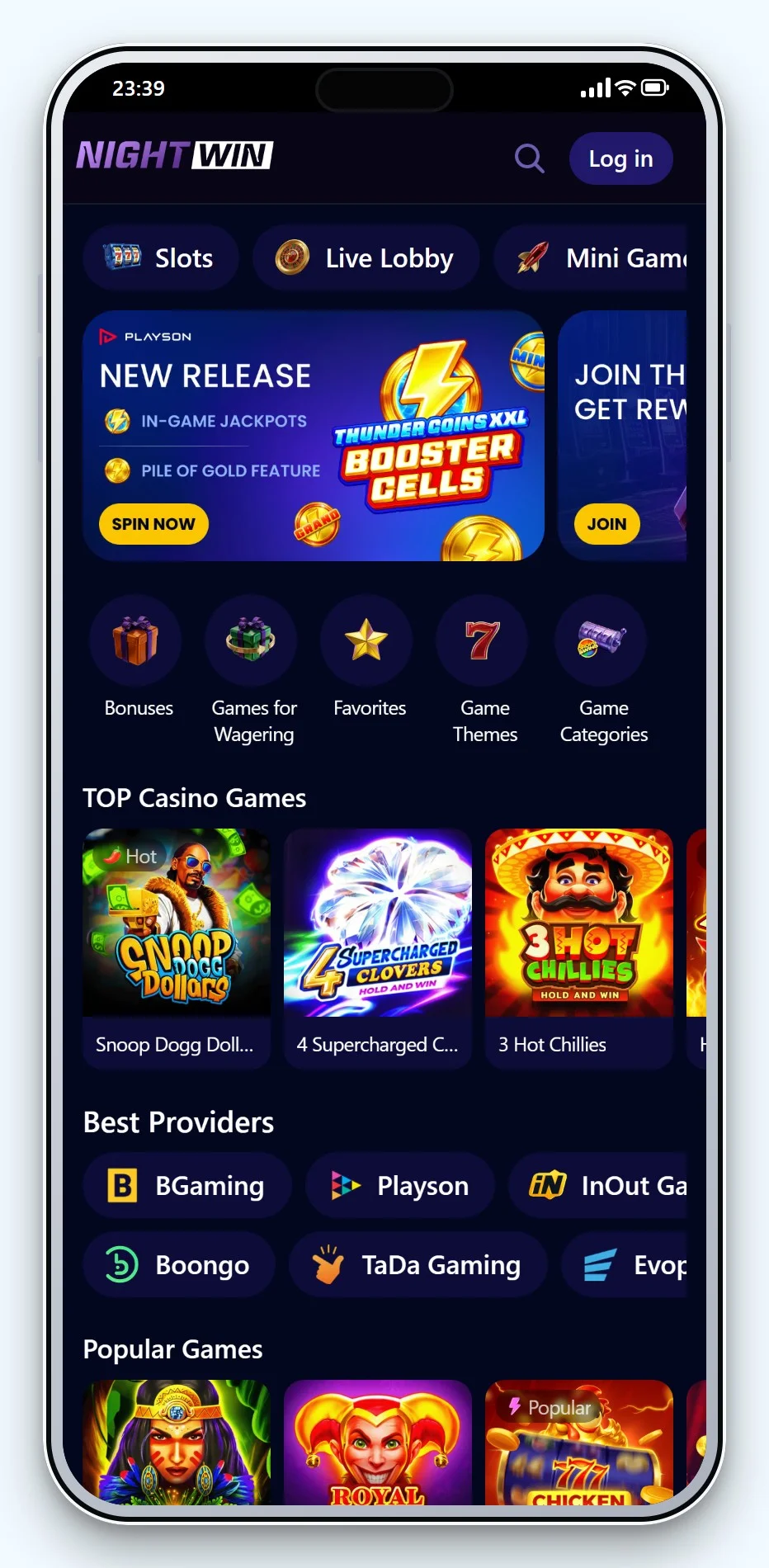 curacao casino: NightWin på mobil, spillelobbyen